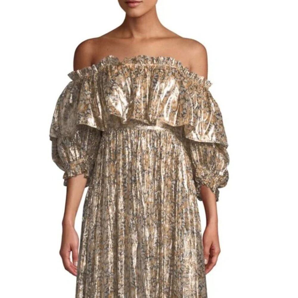 LoveShackFancy Tara Gold Ruffle Off Shoulder Maxi Dress